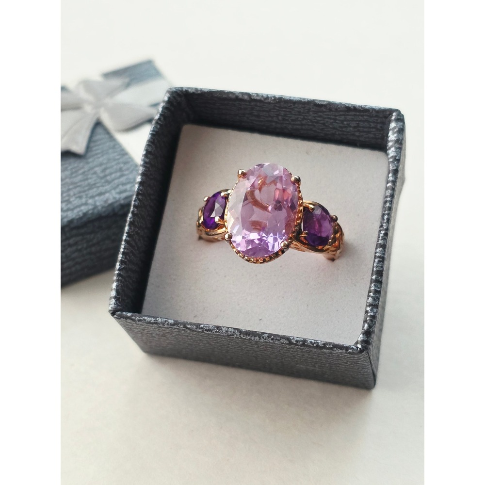Amethyst Rose Gold Vermeil Sterling Silver 925 Filigree Three Stone Ring Size 7